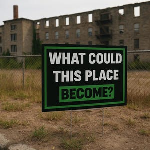 以下が含まれることがあります： 黒い背景に、白と緑の文字で「WHAT COULD THIS PLACE BECOME?」と書かれた看板。看板は、窓がたくさんある、大きく風化したレンガ造りの建物の前に立っています。