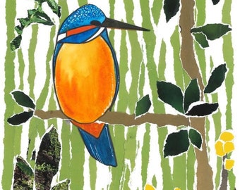 Kingfisher - Mrs. Kingfisher by the pond - Collage - Limited edition giclee print