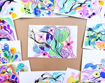 Abstract Organic Plant Art #1 | Original Colorful Mixed Media | 4x6" Wall & Desk Art OR postcard