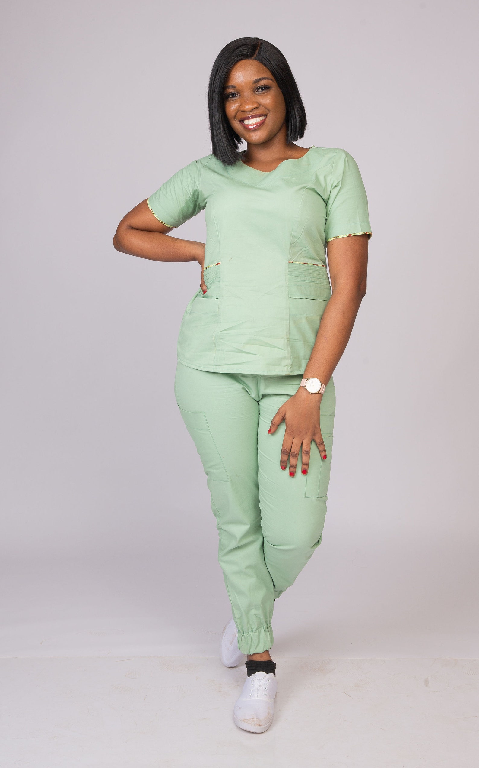 VNeck Scrub Top African Inspired Geometric Print Trim Etsy