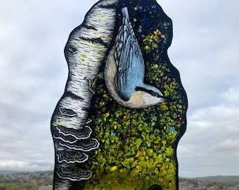Nuthatch on birch with Turkey tail fused and hand painted glass artwork in wood stand