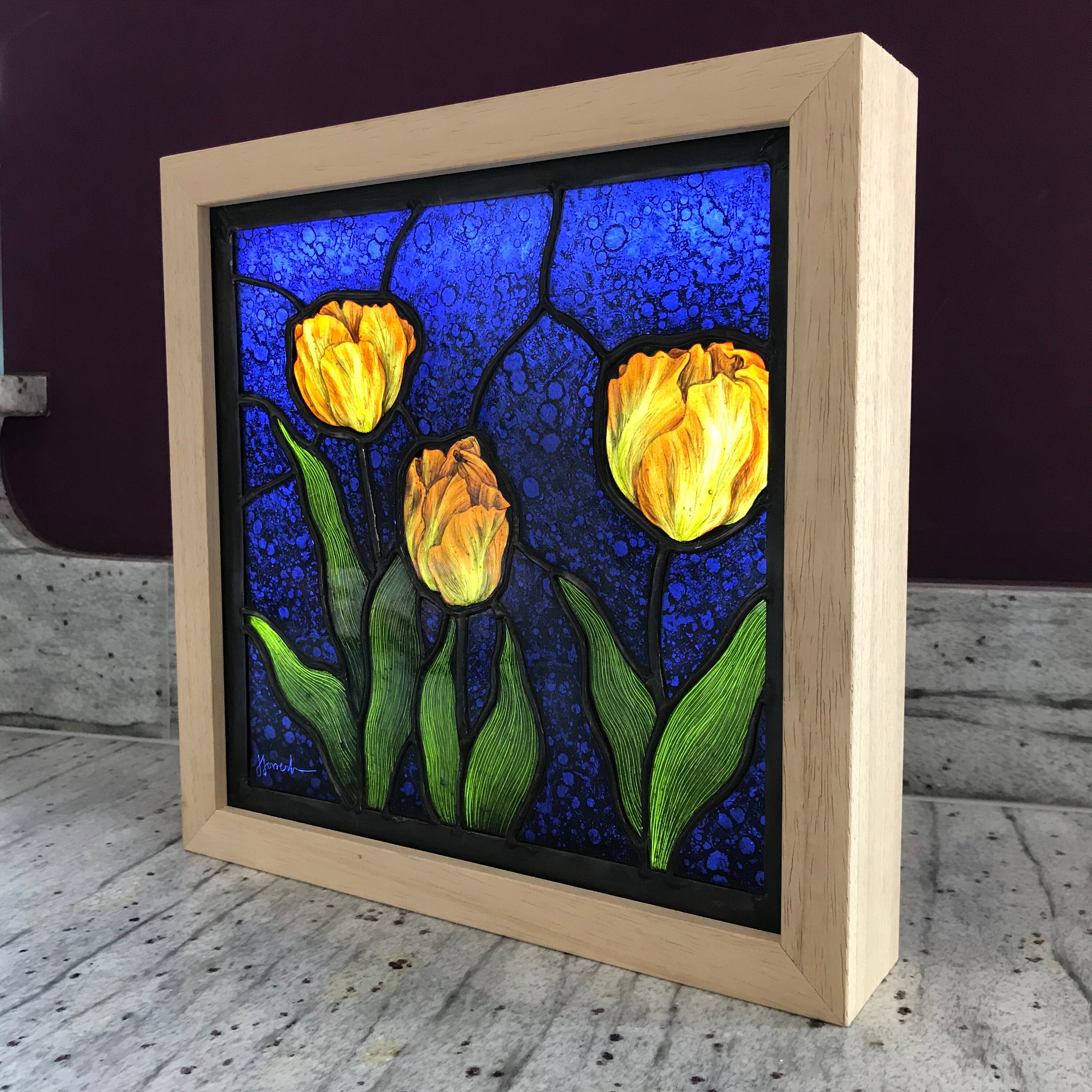 Flame Tulips hand painted stained glass LED light box Etsy
