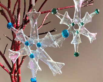 Sparkly iridescent fused glass snowflake Christmas decoration
