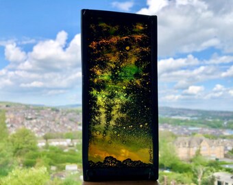 Milky Way and trees hand painted glass art in wooden stand