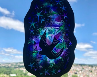 Cosmic bird of peace fused and painted glass light catcher, purple and green