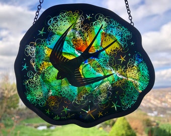 Glass light catcher, hand painted birds, swallows, stars, fused glass green and amber suncatcher