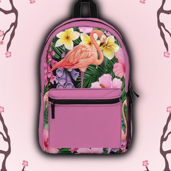 Flamingo Backpack - Pink Book Bag for School or Travel with Flamingos and Floral Flower Pattern Design Custom Printed Back Pack for Girls