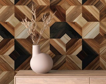 Geometric Wood Peel and Stick Wallpaper: Removable Wall Decor