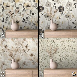 May include: Four wallpaper samples with floral designs. Each sample features a different color palette, including cream, gray, and brown. A vase with dried flowers sits on a wooden cabinet in front of each wallpaper sample.