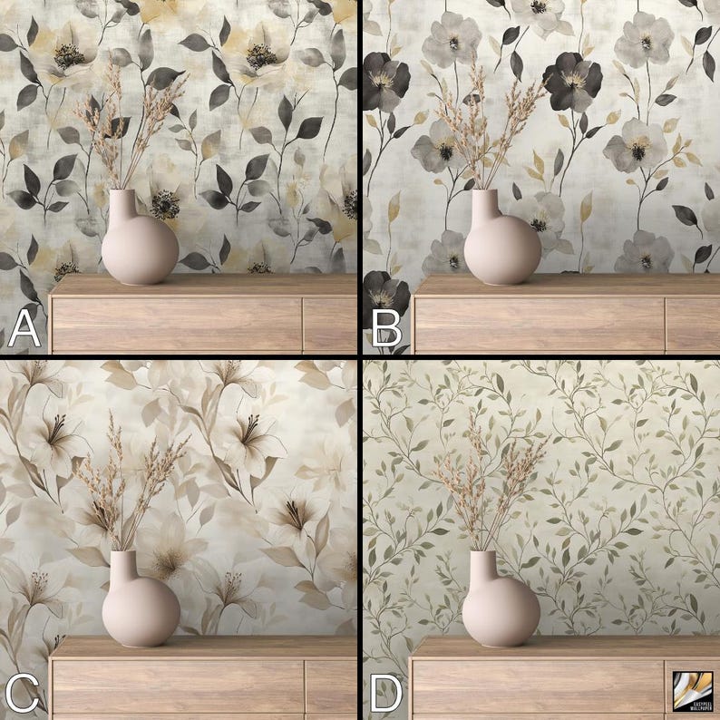 May include: Four wallpaper samples with floral designs. Each sample features a different color palette, including cream, gray, and brown. A vase with dried flowers sits on a wooden cabinet in front of each wallpaper sample.