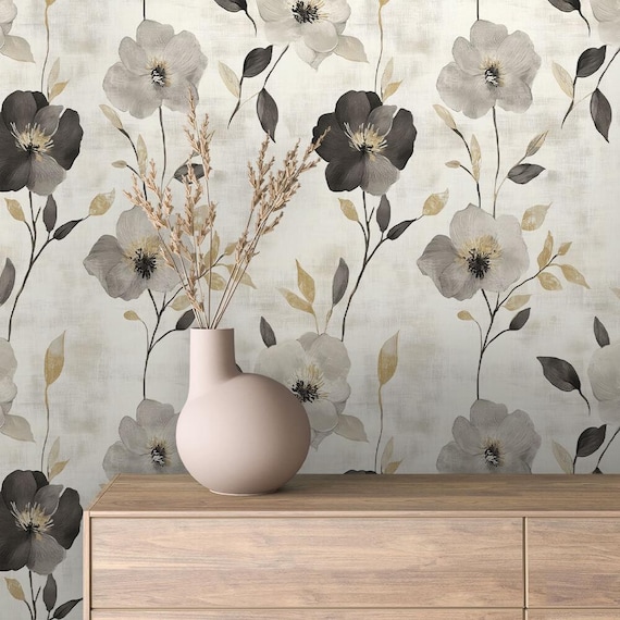 Elegant Floral Peel and Stick Wallpaper: Neutral Watercolor Botanical Print