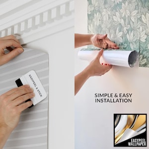 May include: Installation of EasyPeel & Stick wallpaper. The image shows a person applying the wallpaper with a smoothing tool. The wallpaper has a gray and white striped pattern. The text "SIMPLE & EASY INSTALLATION" is visible.