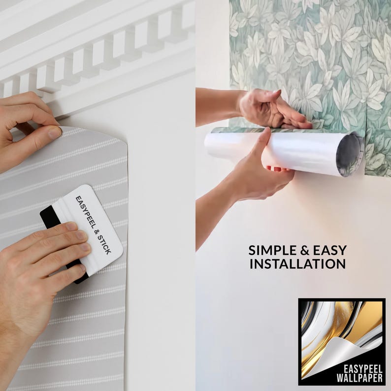 May include: Installation of EasyPeel & Stick wallpaper. The image shows a person applying the wallpaper with a smoothing tool. The wallpaper has a gray and white striped pattern. The text "SIMPLE & EASY INSTALLATION" is visible.