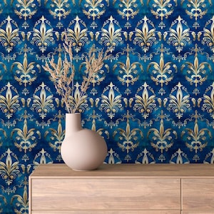 May include: Blue and gold wallpaper with a damask pattern. The wallpaper features a repeating design of stylized fleur-de-lis.