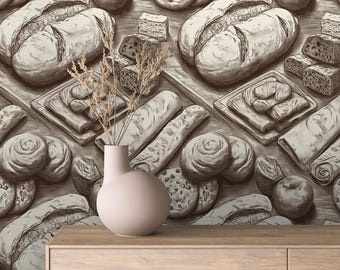 Artisan Bakery Peel and Stick Wallpaper: Hand-Sketched Bread Designs