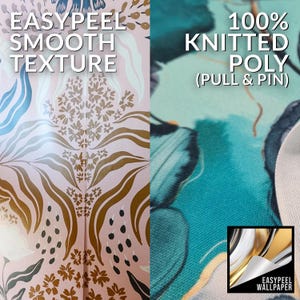 May include: Two sections of wallpaper are shown. The left section has a pink background with a repeating pattern of gold and black floral designs. The right section has a teal background with a floral design. Text reads "EASYPEEL SMOOTH TEXTURE" and "100% KNITTED POLY (PULL & PIN)".