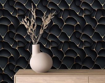 May include: A white ceramic vase with a round body sits on a wooden table. The vase holds dried branches with brown leaves. The background is a black and gold wallpaper with a geometric pattern.