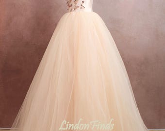 Champagne Tulle Prom Dress, Beaded Lace Applique, A-Line Ball Gown