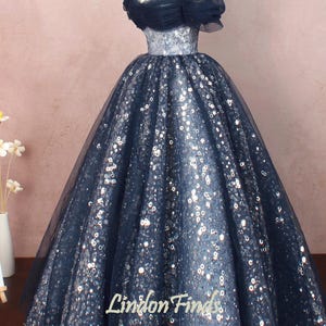 Navy sequin lace wedding dress off the shoulder formal prom dress,tulle evening ball gown
