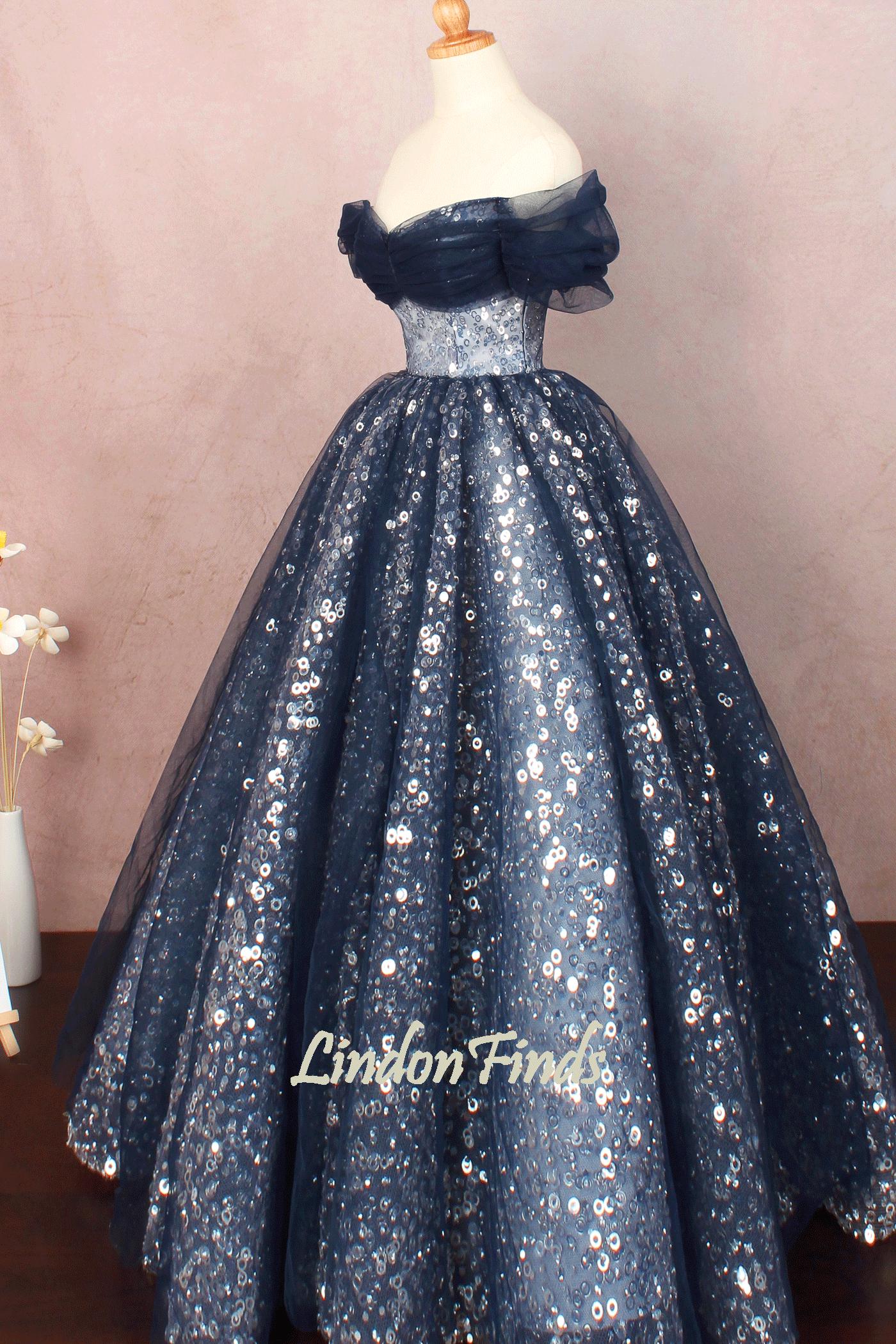Navy sequin lace wedding dress off the shoulder formal prom dress,tulle evening ball gown