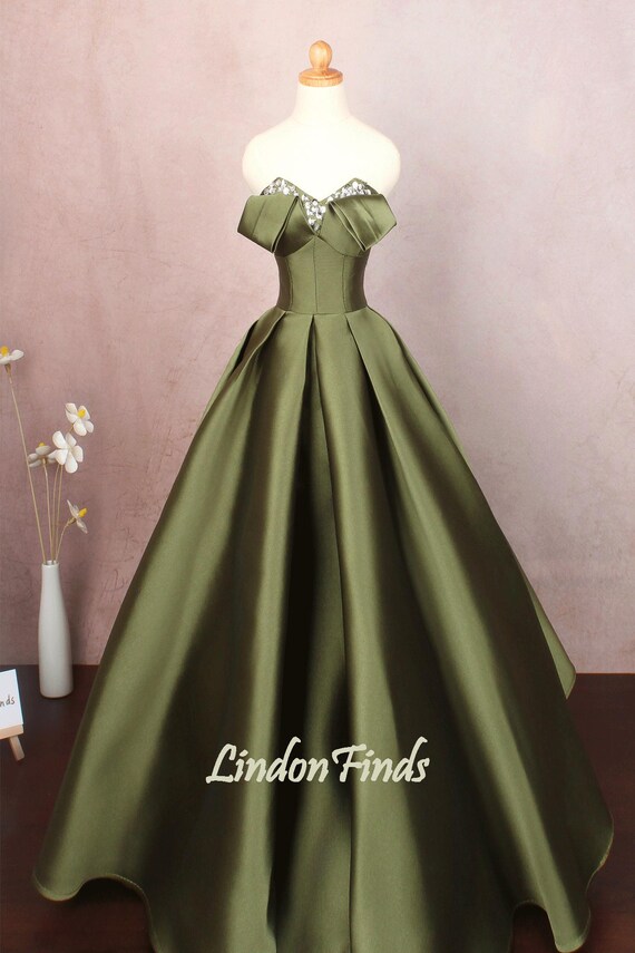 Olive Green Satin Ball Gown: Sweetheart Beaded Wedding Dress