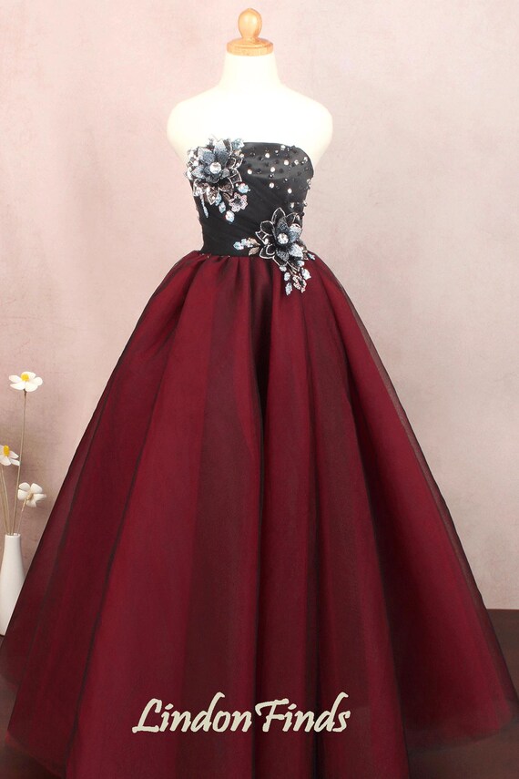 Burgundy and Black Tulle Wedding Ball Gown,lace Applique Prom Gown,beading  Evening Dress - Etsy