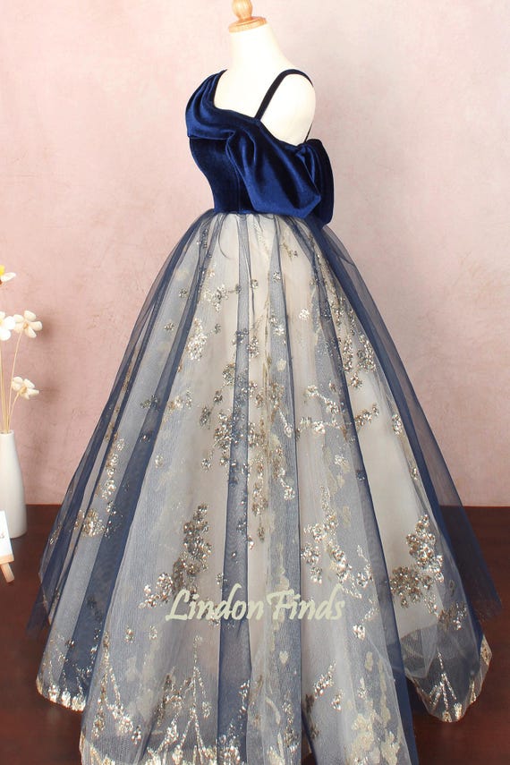 navy velvet and lace dress Navy velvet ball gown,lace prom dress tulle a line wedding dress,fairy formal party dress