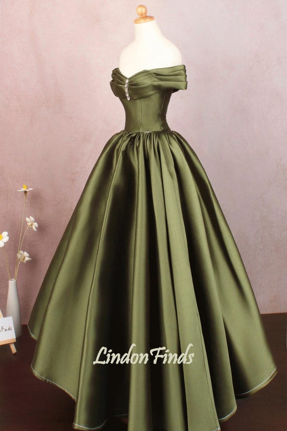 Olive Green Satin Formal Dress,off the Shoulder Prom Gown,a Line Evening  Dress,long Evening Gown - Etsy