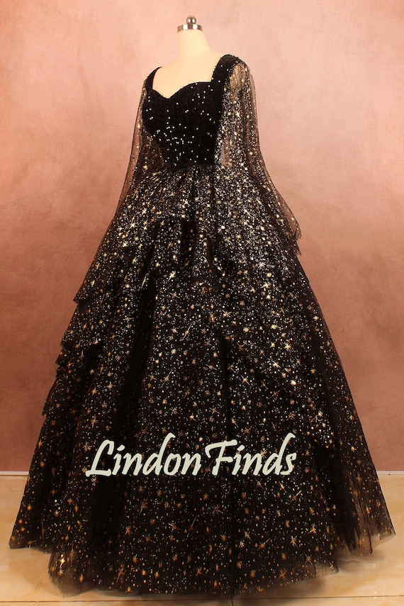 Black Square Big Sleeves Formal Dress,velvet Sequin Ball Gown,lace Layered  Prom Gown - Etsy