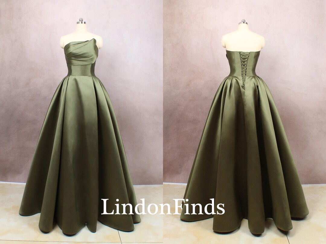 Vintage Olive Green Strapless Satin Pleated Sheath Cocktail Dress Short Formal 18th Birthday Outfits main image 1
