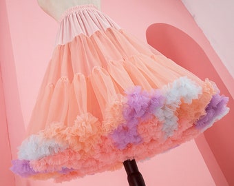 Women Girls Ruffled Short Petticoat，Rainbow Cloud Short Tutu Skirt， Princess Ballet Dance Pettiskirts Lolita Cosplay Crino