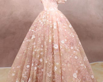 Pink High Collar lace wedding ball gown,evening gown with short sleeves,tulle plus size prom dress
