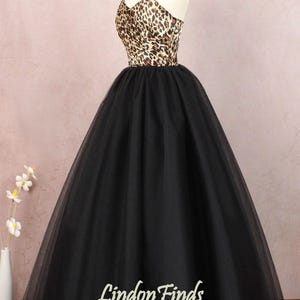 Leopard print floor length prom ball gown,black tulle a line party gown,custom birthday formal dress
