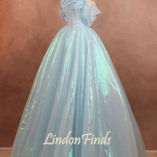 Blue Organza evening gown,butterfly formal party gown,beaded tulle bridal gown,fairy graduation gown