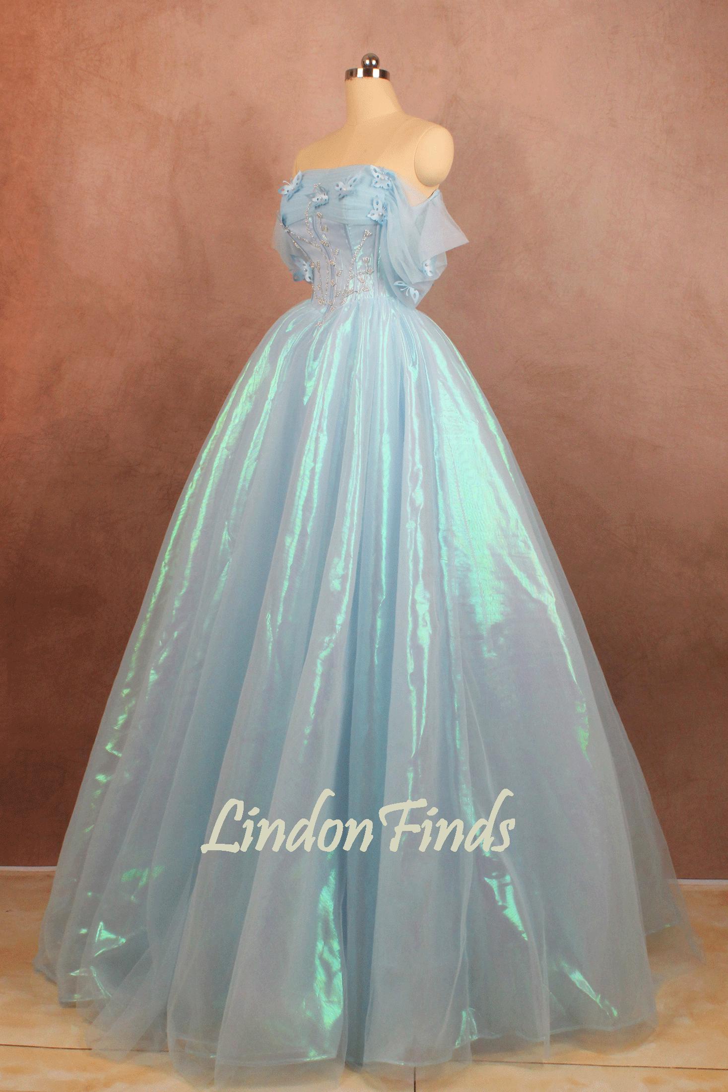 Blue Organza evening gown,butterfly formal party gown,beaded tulle bridal gown,fairy graduation gown