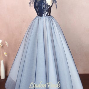 Navy lace floor length prom gown,tulle party gown,long graduation dress