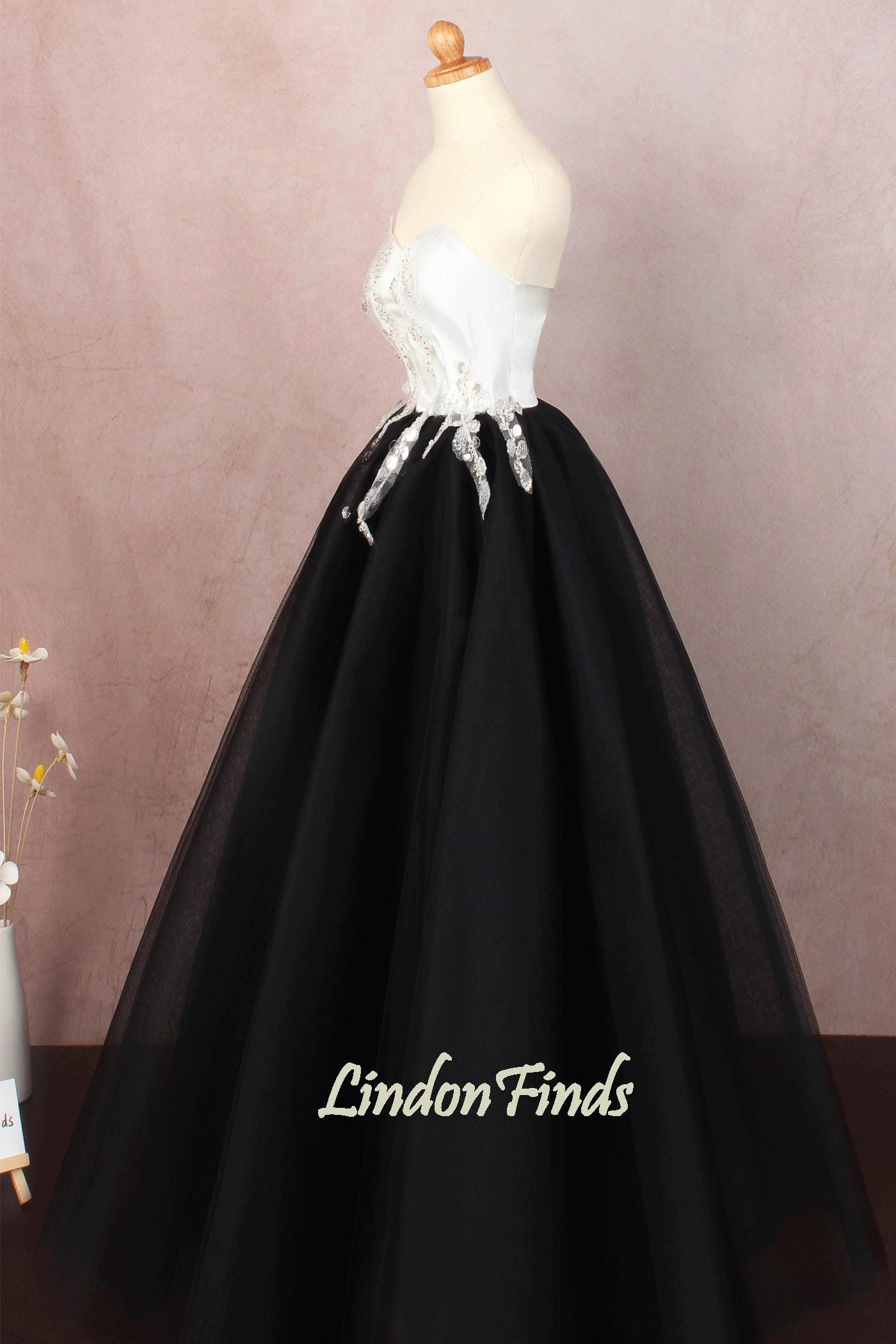 Black tulle ball gown beaded lace formal evening gown custom prom dress