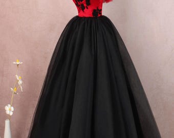 Burgundy Tulle Wedding Gown, Off-Shoulder Lace A-Line Dress