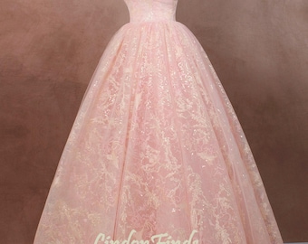 Pink lace a line wedding gown beaded neck ball gown strapless tulle prom gown sparkle evening dress