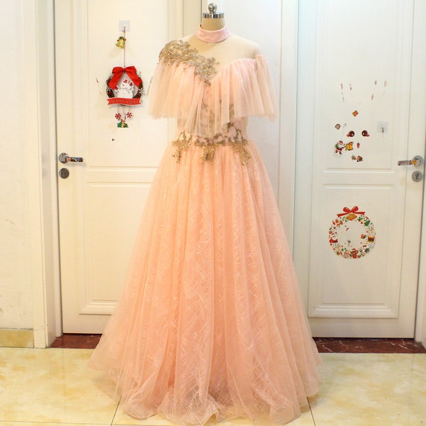 Pink High Collar tulle prom ball gown Fairy masquerade ball gown sleeveless lace Birthday dress a line long quinceanera dresses