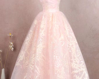 Pink lace tulle ball gown,beaded necking formal prom dress,a line fairy party dress maxi dress