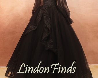 Black tulle wedding ball gown,lace applique bridal party dress,long sleeve formal gown