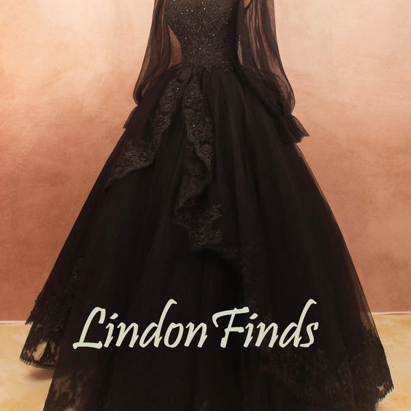 Black tulle wedding ball gown,lace applique bridal party dress,long sleeve formal gown