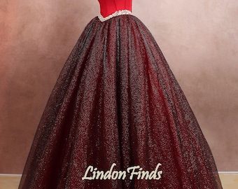 Black Tulle Burgundy Satin Ball Gown, Off-Shoulder Formal Dress