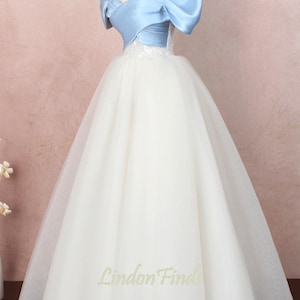 Gray tulle ball gown dress,Blue satin wedding gown,off the shoulder prom gown princess formal party gown