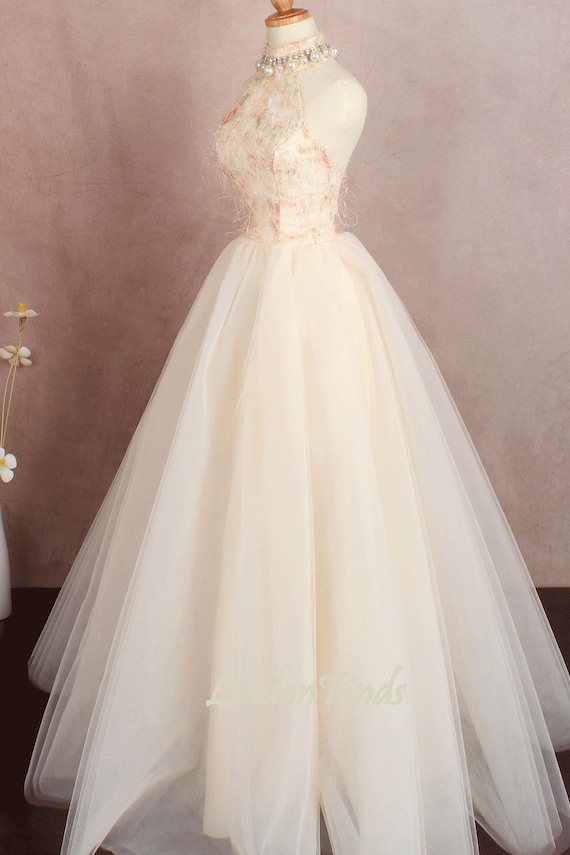 Champagne Halter lace wedding ball gown,tulle prom dress,beaded formal party dress
