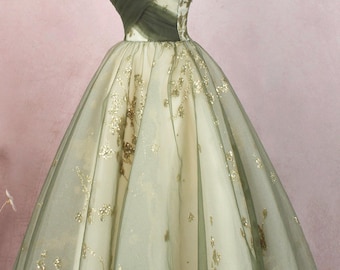 May include: A green off-the-shoulder tulle ball gown with gold glitter accents. The dress has a fitted bodice and a full skirt.