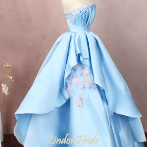 Blau Satin Ballkleid 3D Blume Applikation Braut Kleid Layer eine Linie Hochzeitskleid Farbe Blume Party Kleid