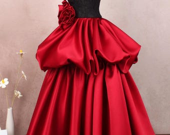 Burgundy Satin Ball Gown, Black Lace Prom Dress, Handmade A-Line Evening Dress