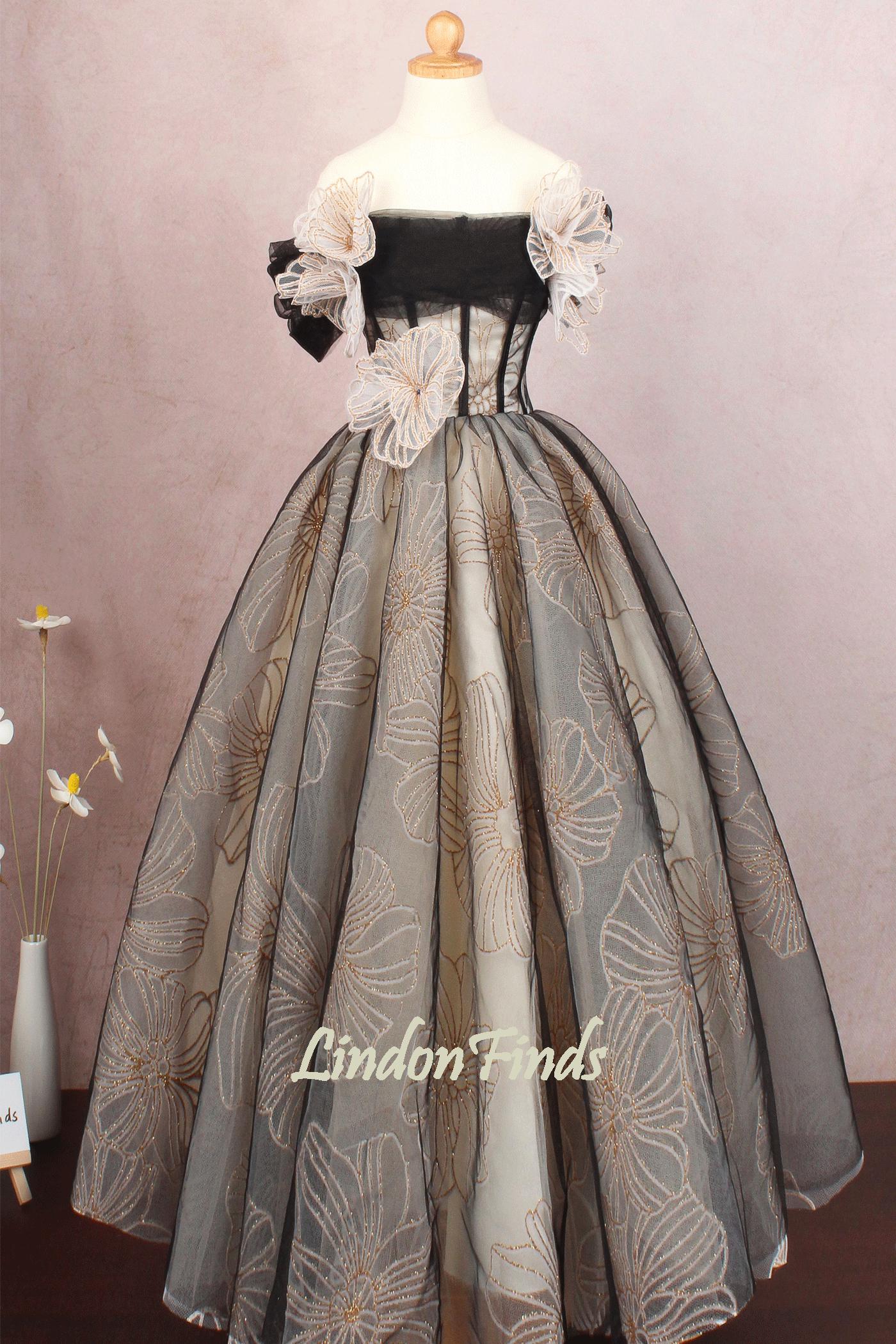 Black and Champagne Flower Lace Ball Gown, Prom Dress